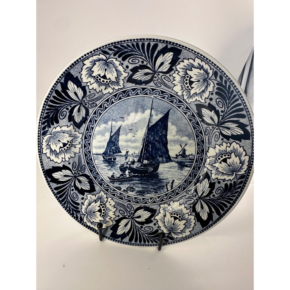 Boch Belgium Delfts Blue White Nautical Sailboat Windmill Decorative Plate 9.75"